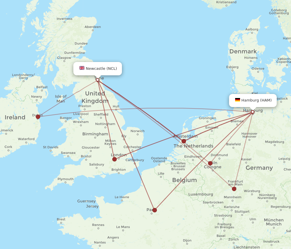 HAM to NCL flights and routes map