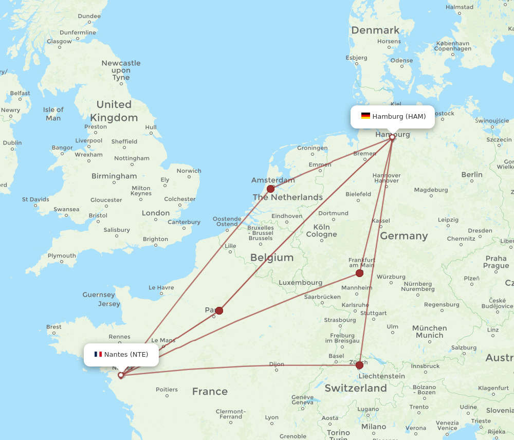 HAM to NTE flights and routes map