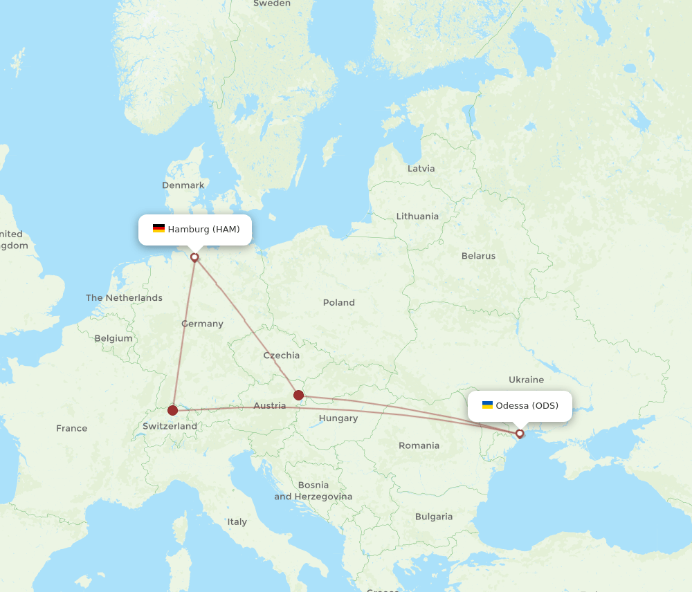 Hamburg - Odessa route map and flight paths