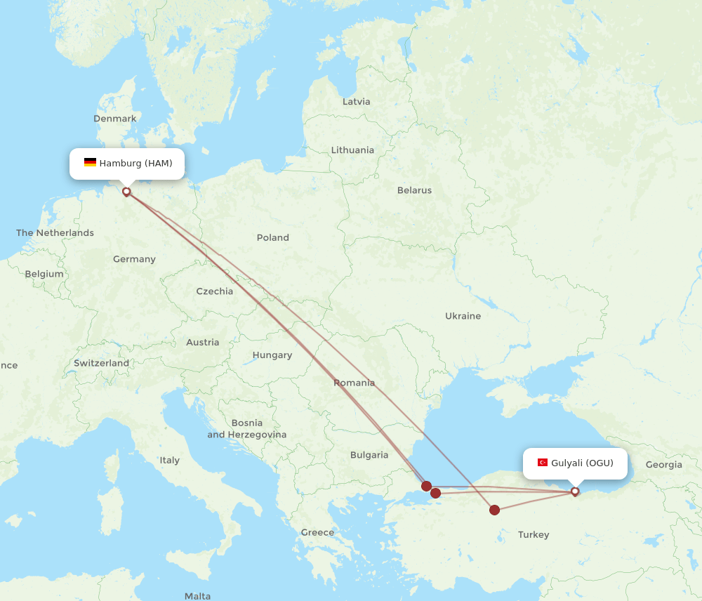 HAM to OGU flights and routes map