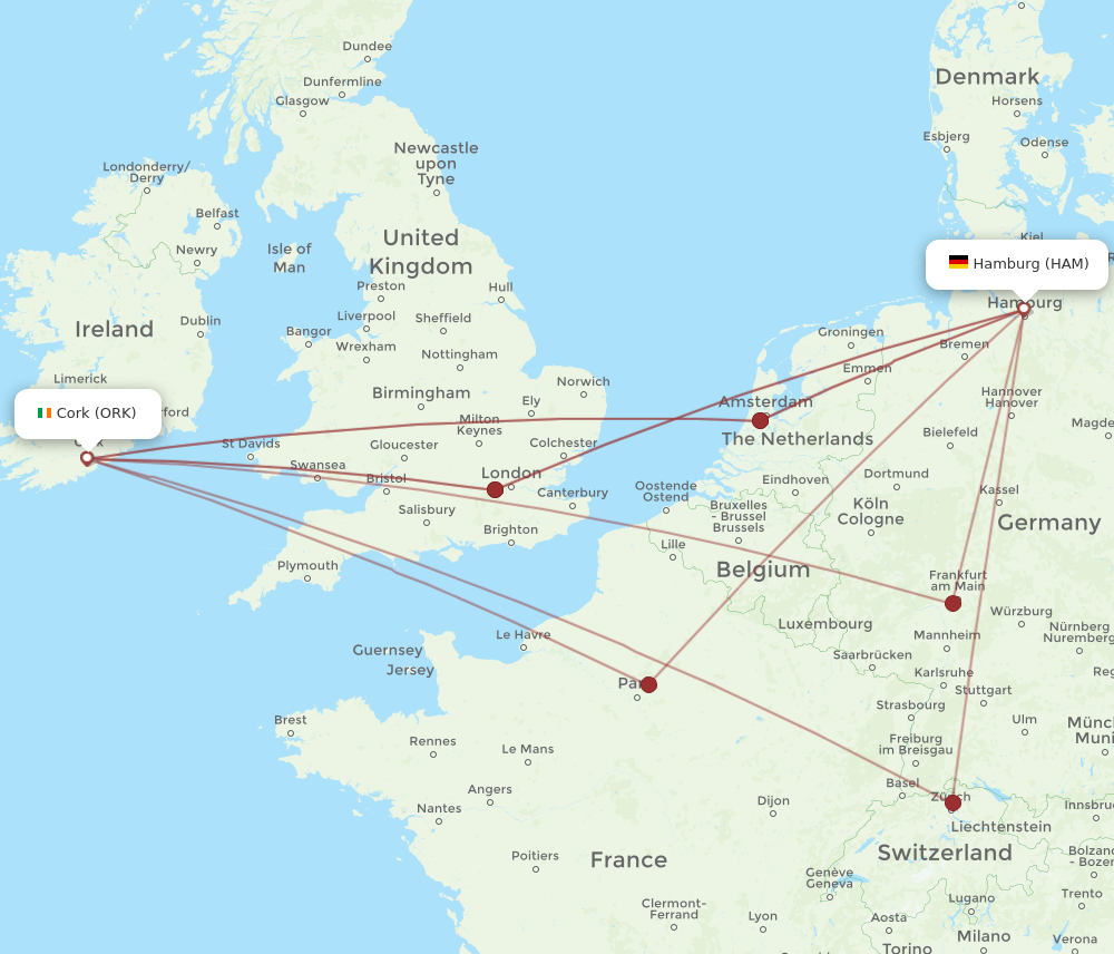 HAM to ORK flights and routes map