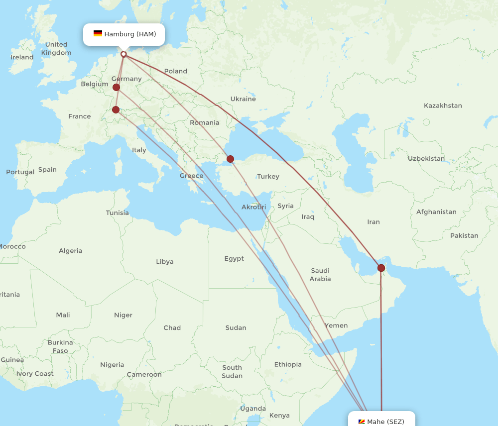 HAM to SEZ flights and routes map