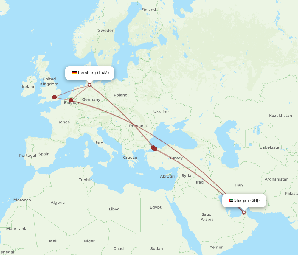 HAM to SHJ flights and routes map