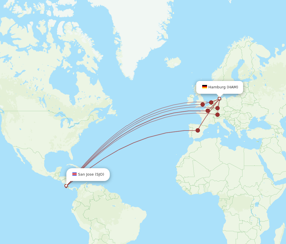 HAM-SJO flight routes