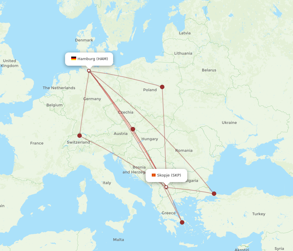 HAM to SKP flights and routes map