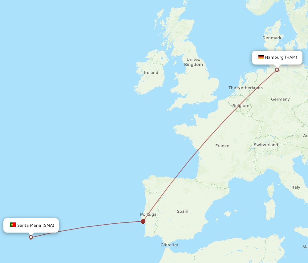 Hamburg - Santa Maria (Azores) route map and flight paths