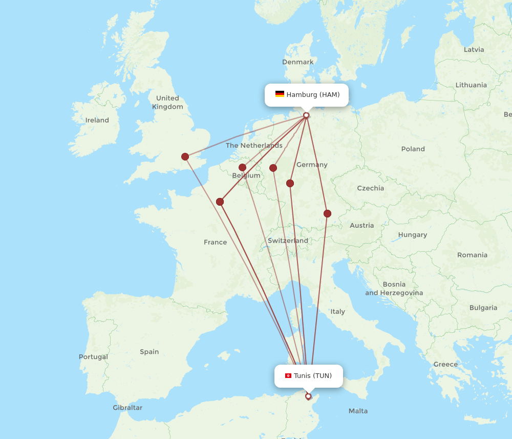 HAM to TUN flights and routes map