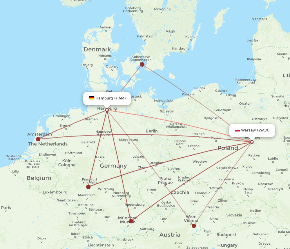 HAM to WAW flights and routes map