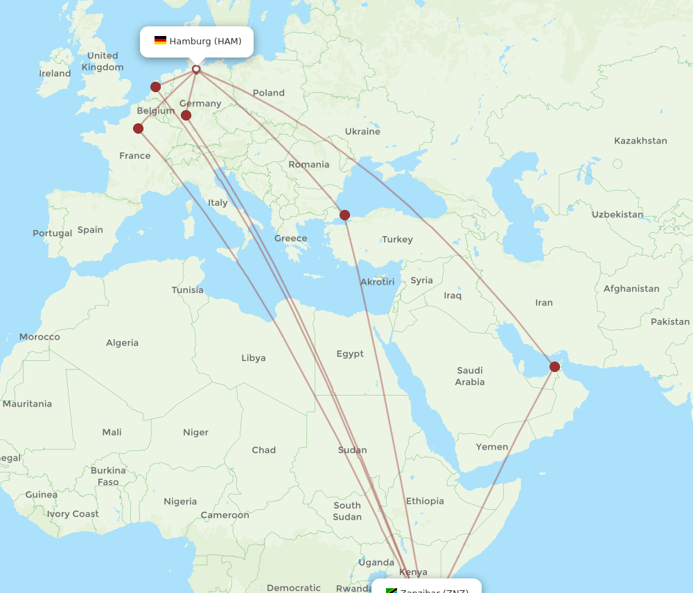 Zanzibar - Hamburg route map and flight paths