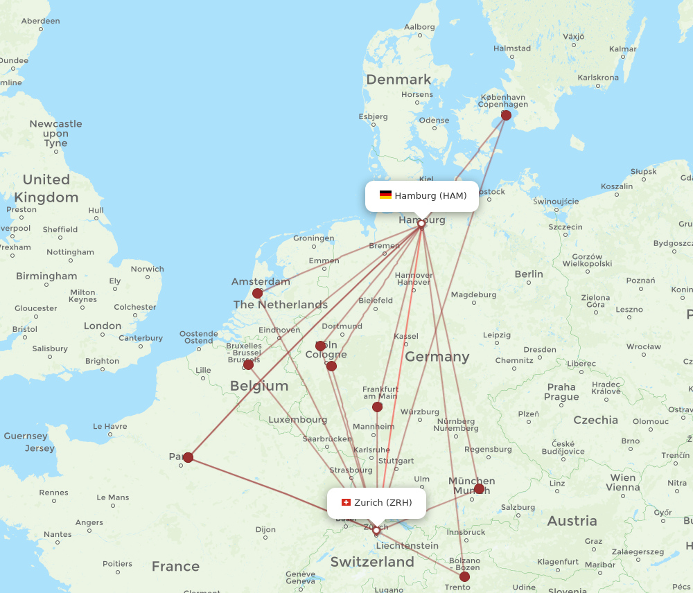 HAM to ZRH flights and routes map