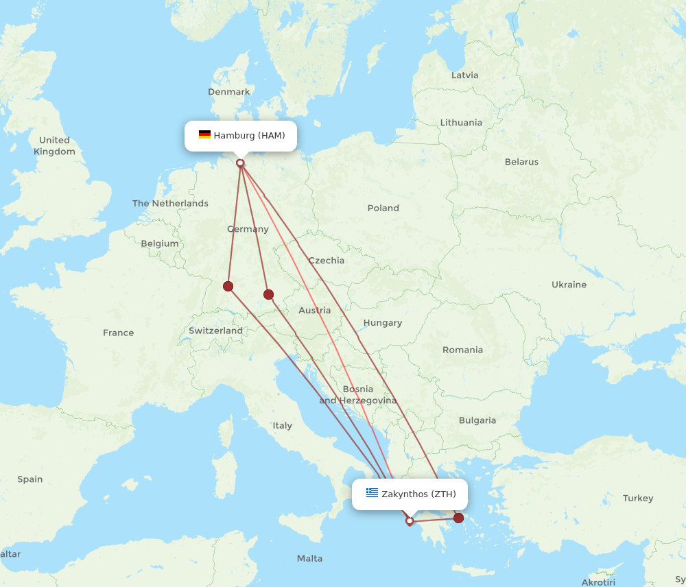 HAM to ZTH flights and routes map