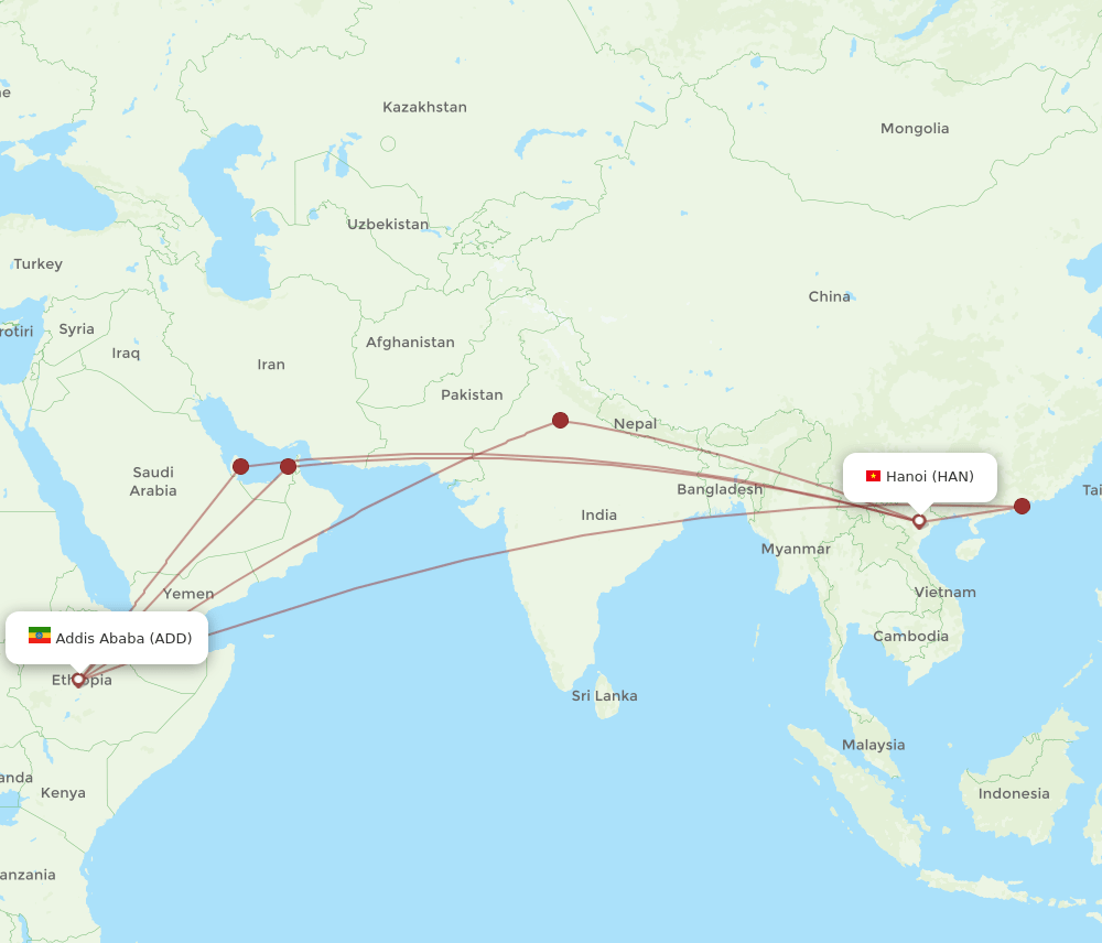 HAN to ADD flights and routes map