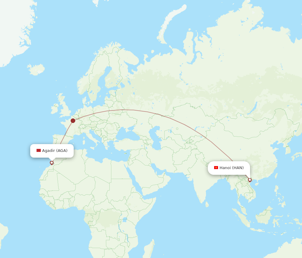 AGA to HAN flights and routes map