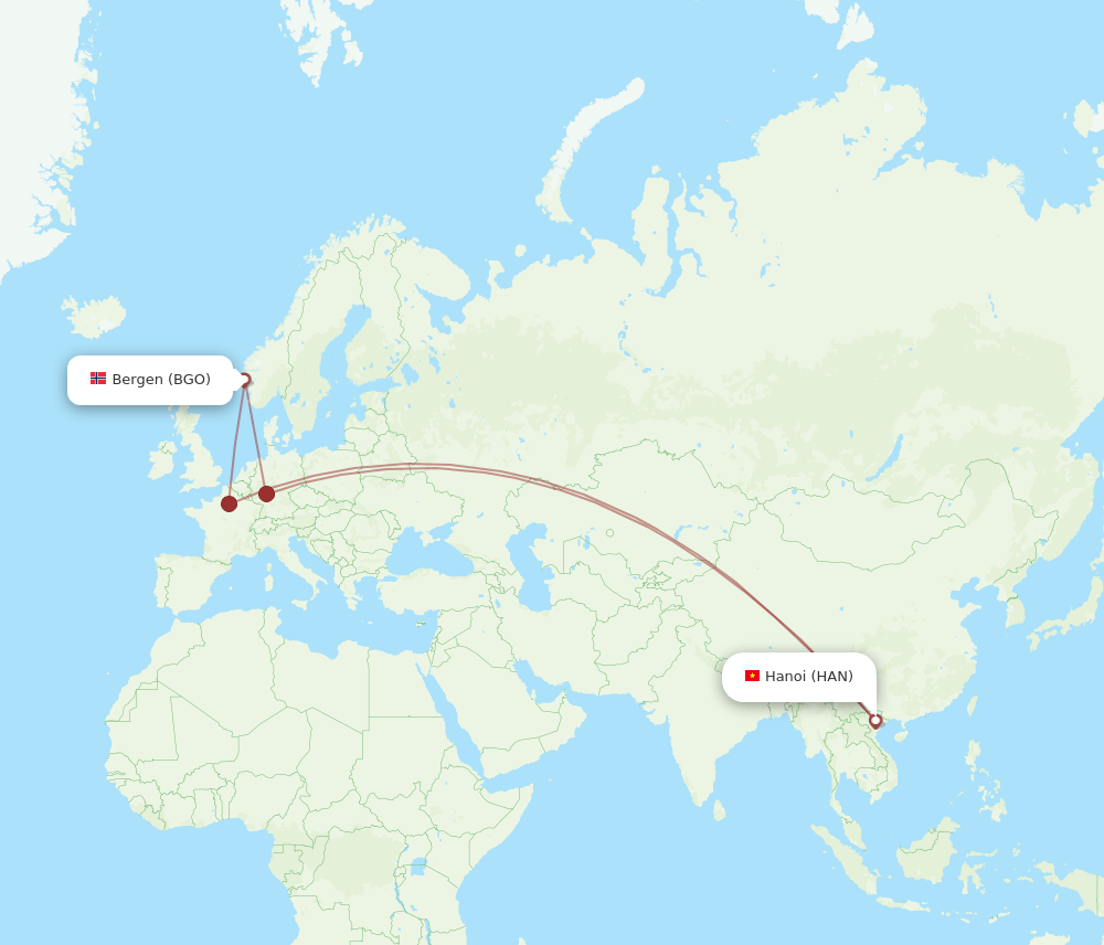Bergen - Hanoi route map and flight paths
