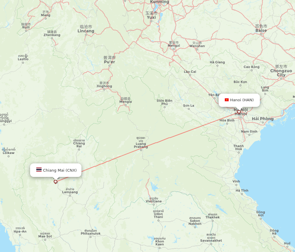 Hanoi - Chiang Mai route map and flight paths