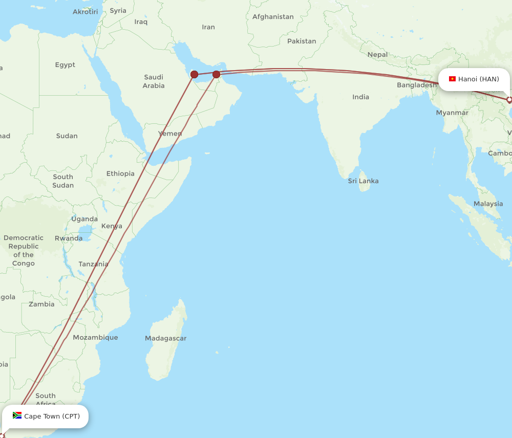 HAN to CPT flights and routes map