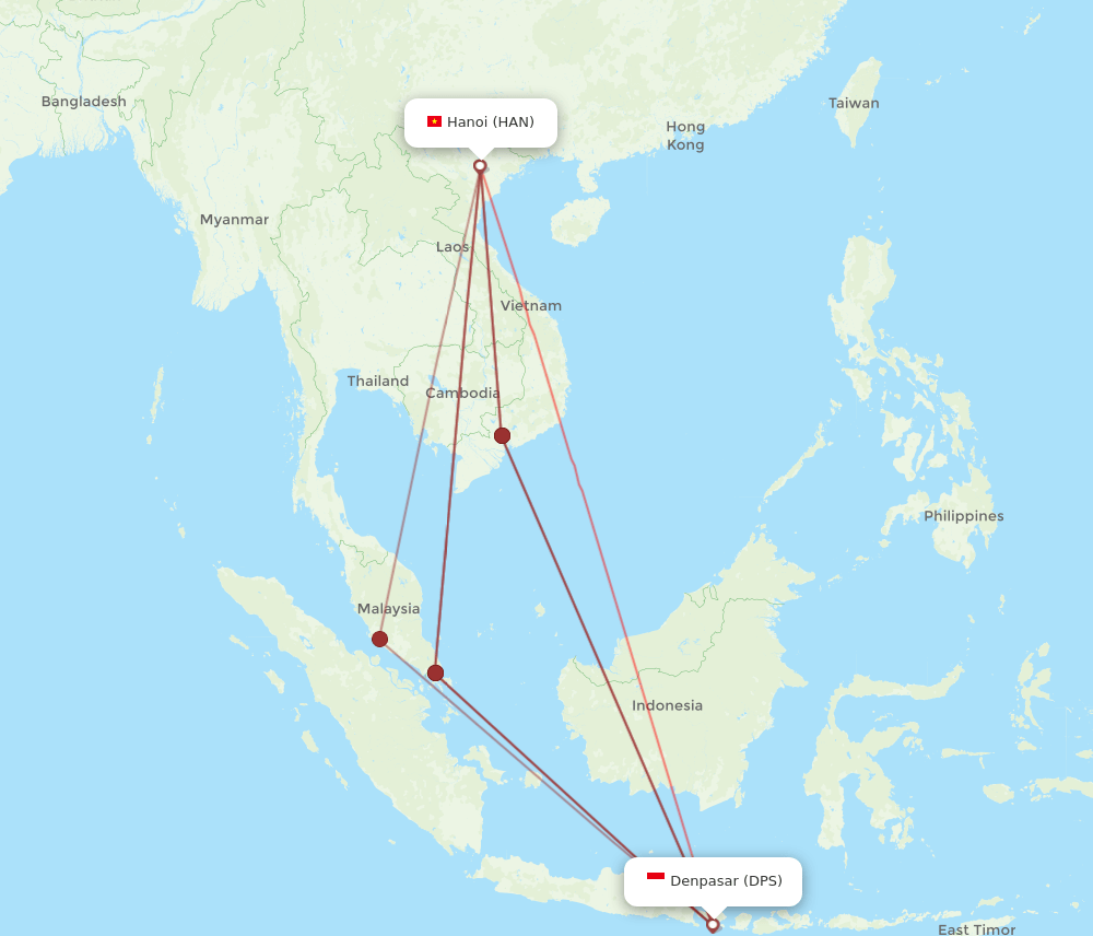 HAN to DPS flights and routes map