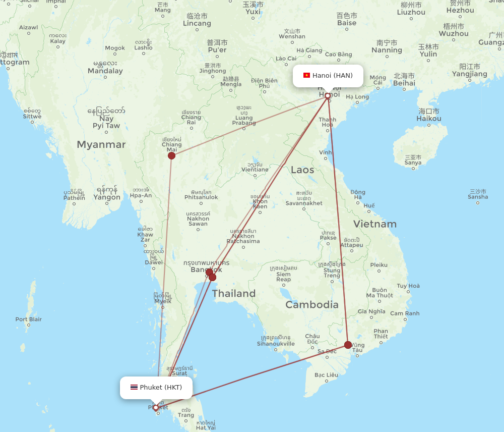 HAN to HKT flights and routes map