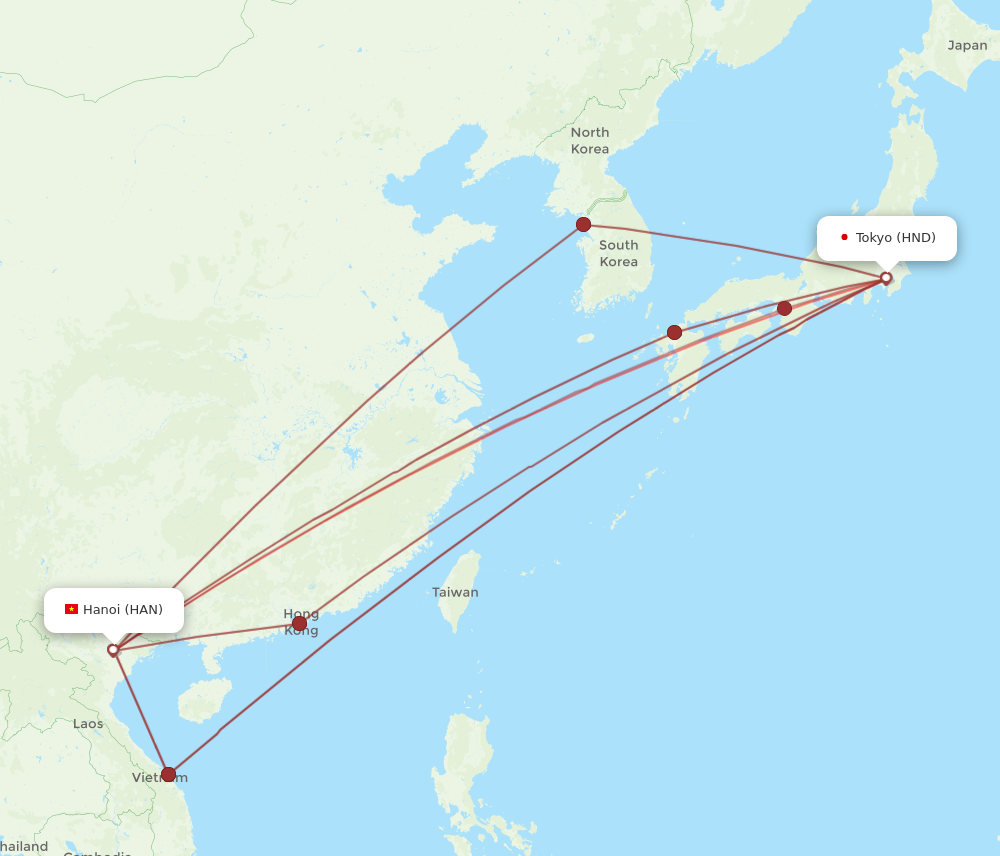 HAN to HND flights and routes map