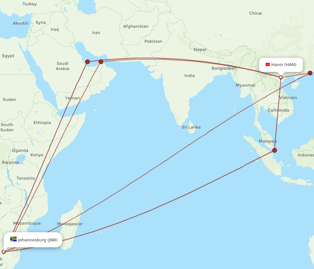 HAN-JNB flight routes