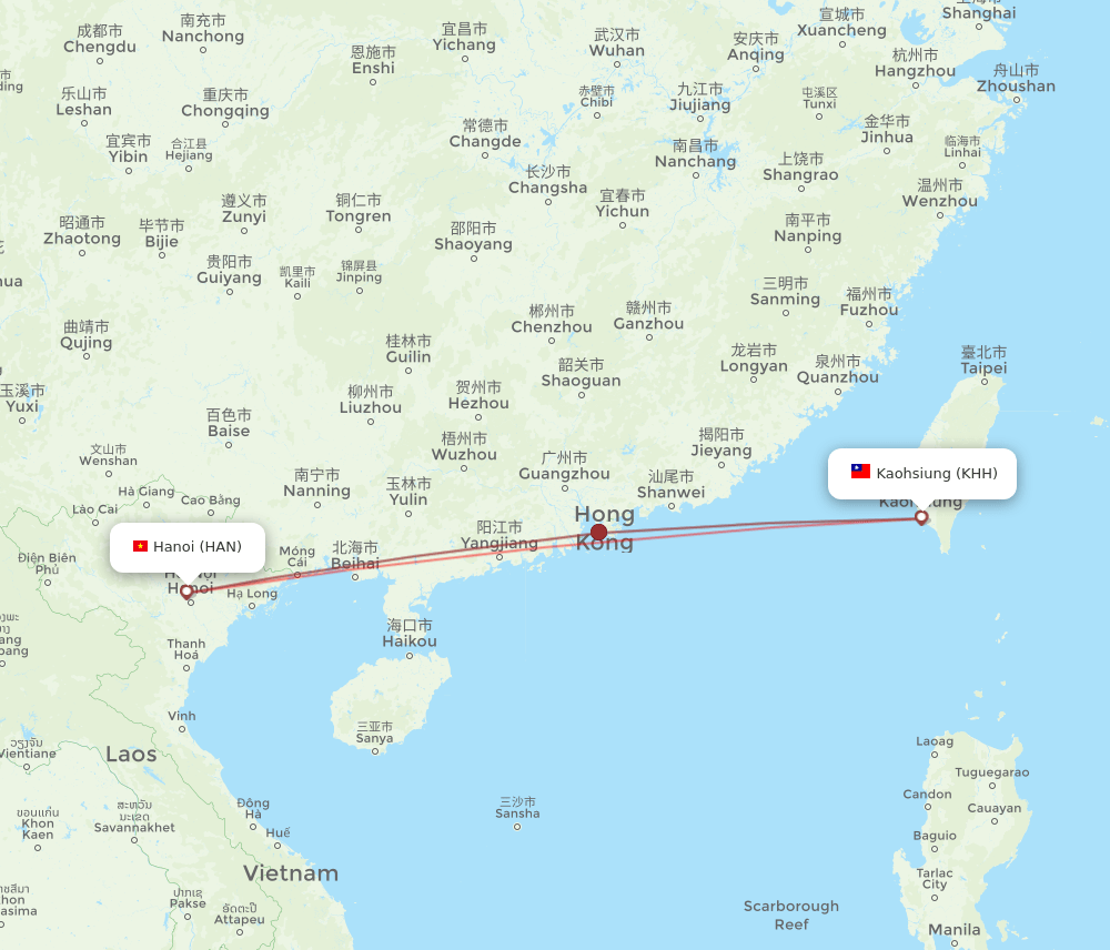HAN to KHH flights and routes map
