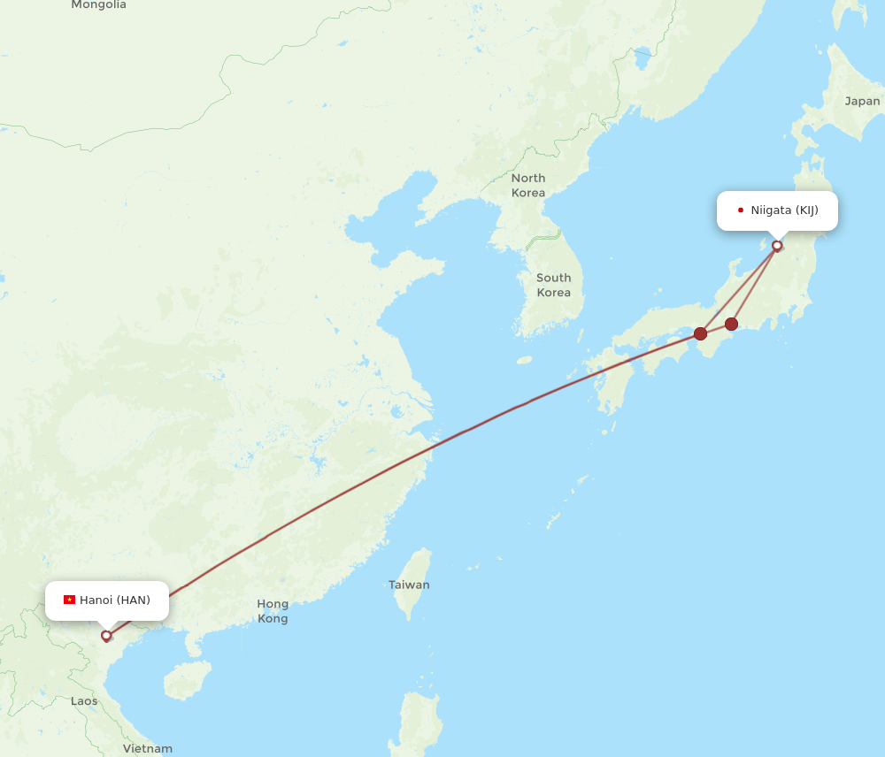 Niigata - Hanoi route map and flight paths