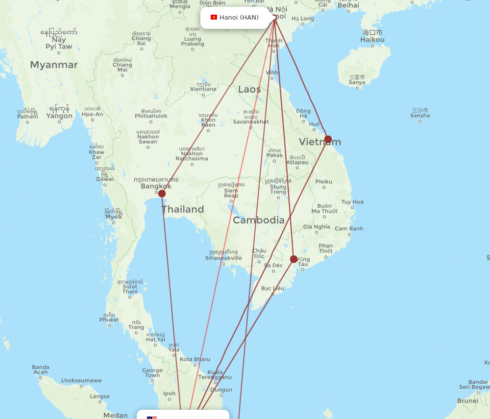HAN to KUL flights and routes map