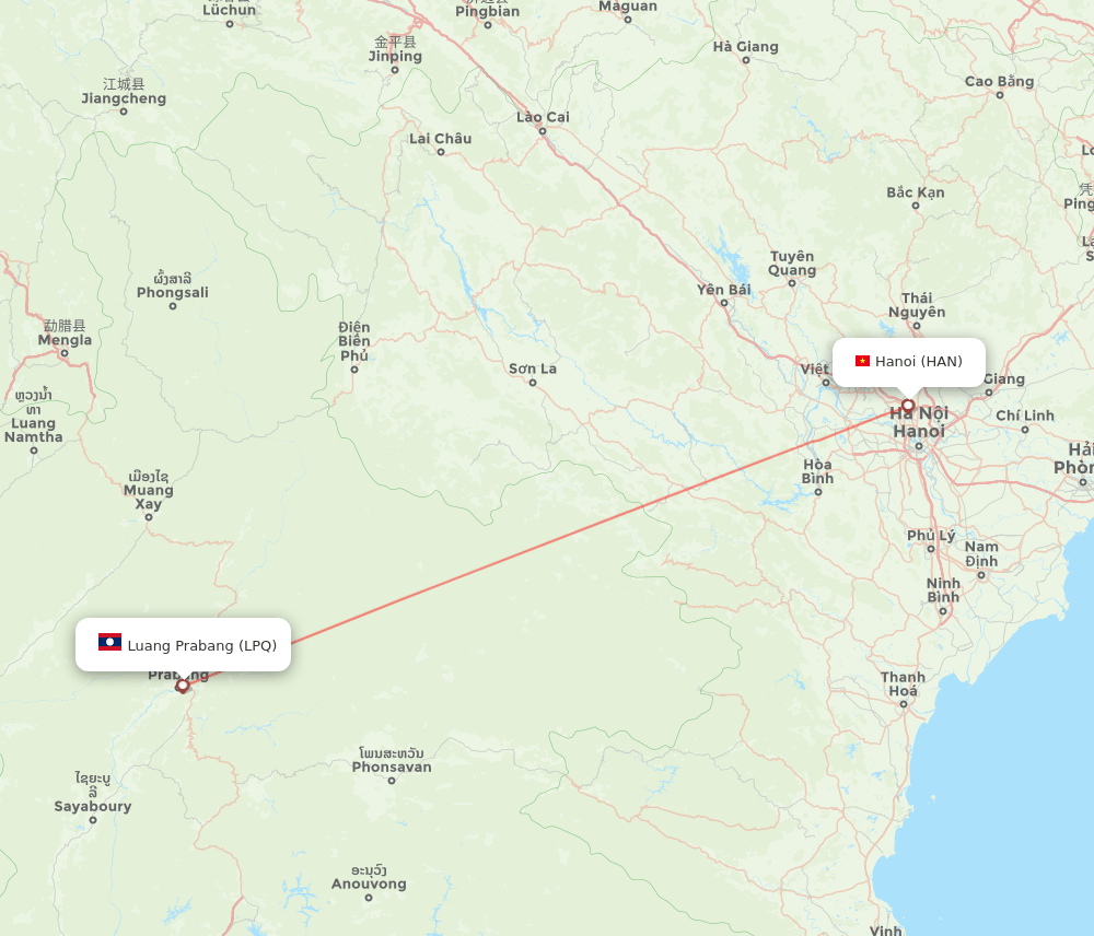 Hanoi - Luang Prabang route map and flight paths