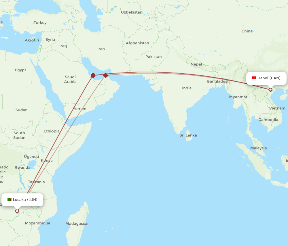 HAN to LUN flights and routes map