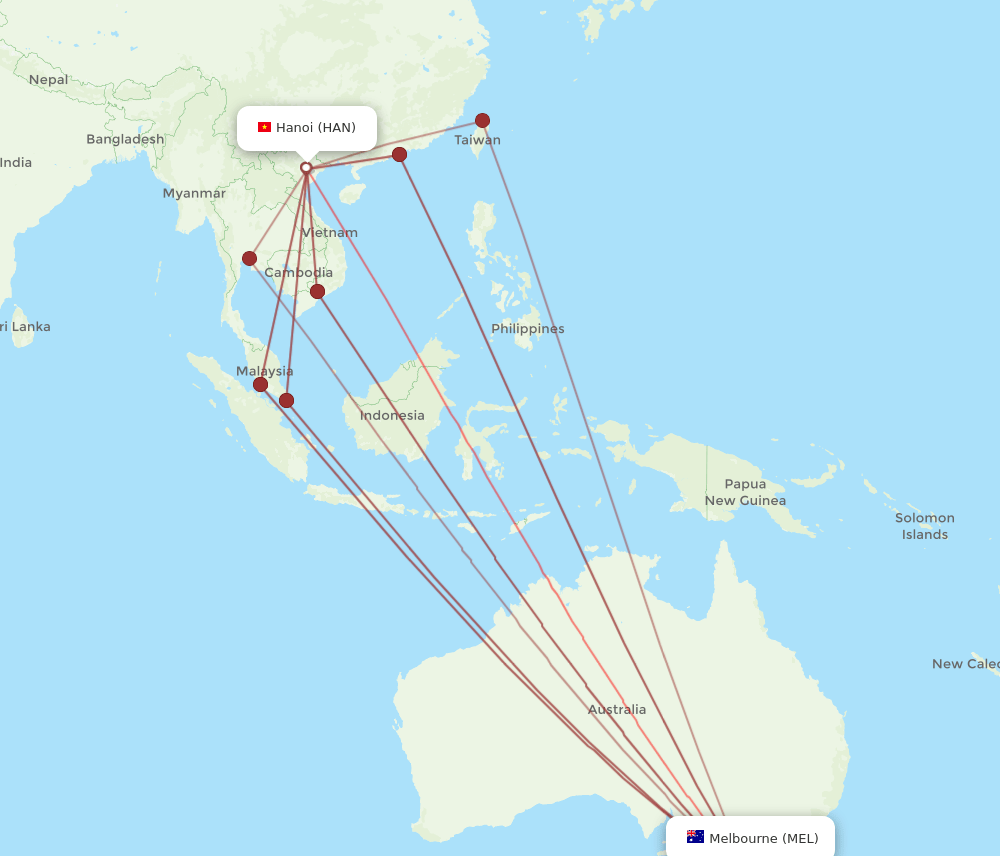 HAN to MEL flights and routes map