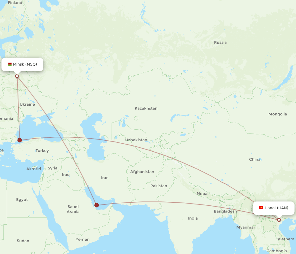 HAN to MSQ flights and routes map