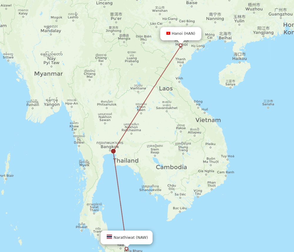 HAN to NAW flights and routes map