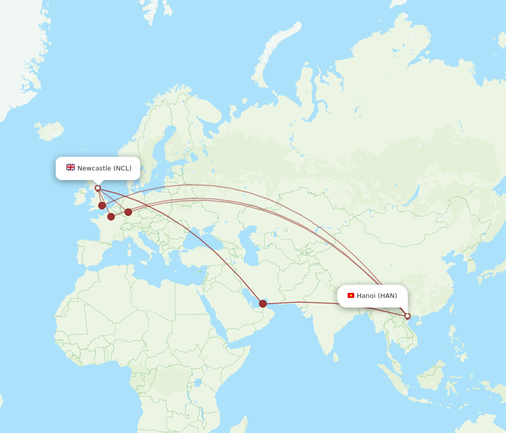 HAN to NCL flights and routes map
