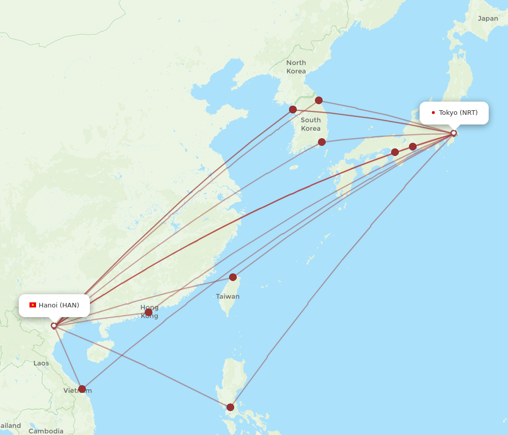 HAN to NRT flights and routes map