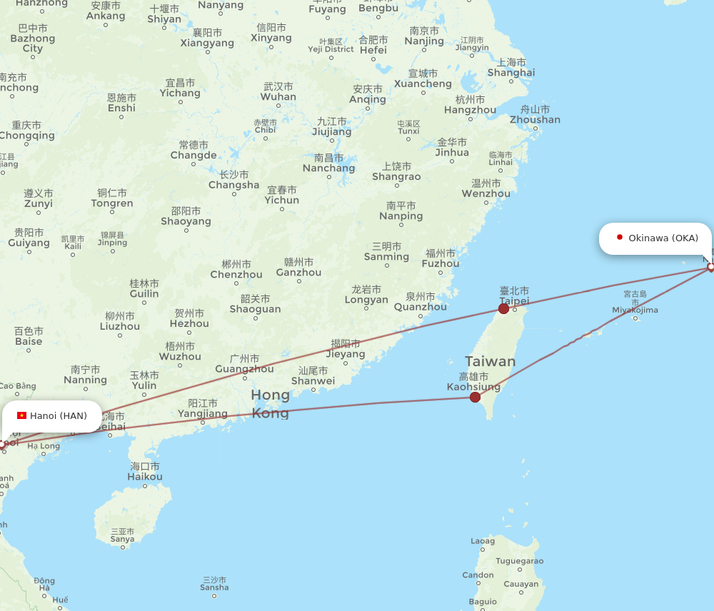 HAN to OKA flights and routes map