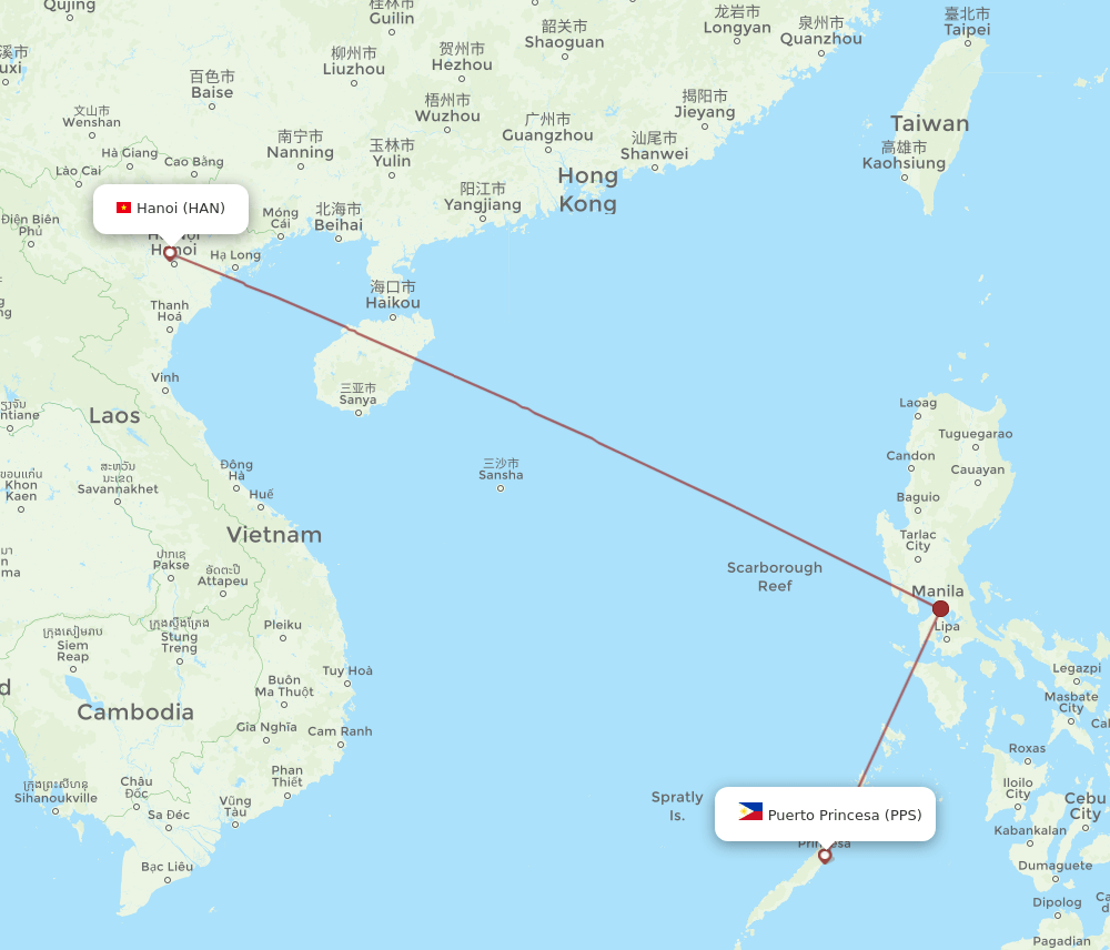 HAN to PPS flights and routes map