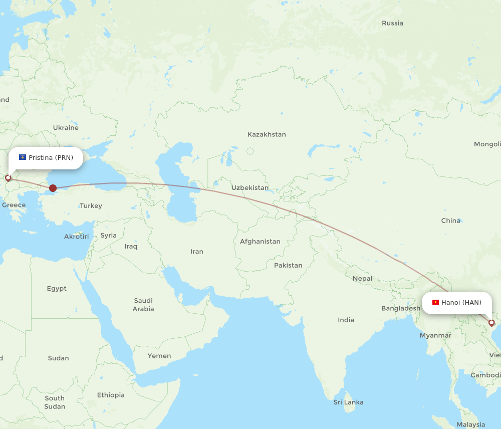 HAN to PRN flights and routes map