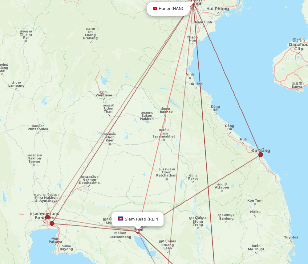 Hanoi - Siem Reap route map and flight paths