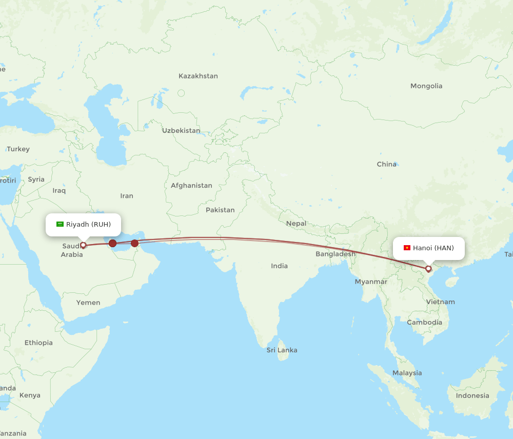 HAN to RUH flights and routes map