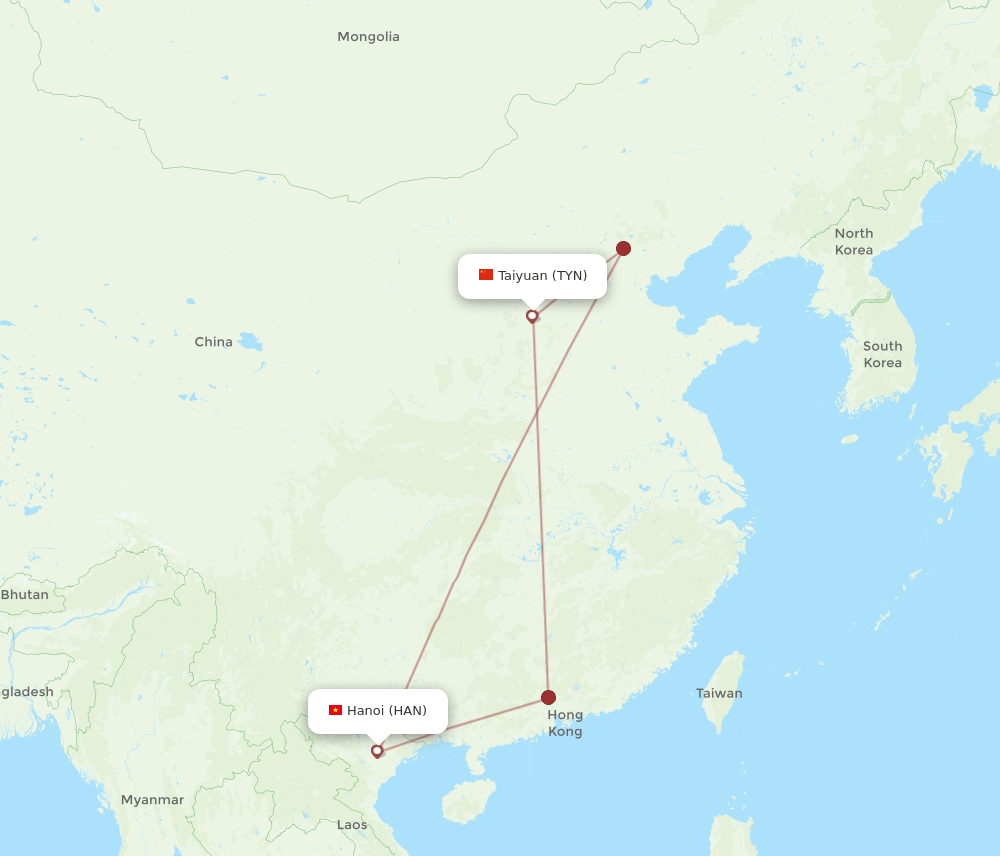 HAN to TYN flights and routes map