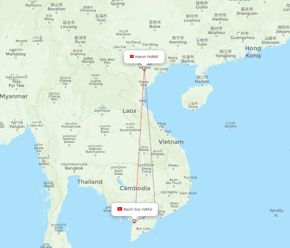 Hanoi - Rach Gia route map and flight paths