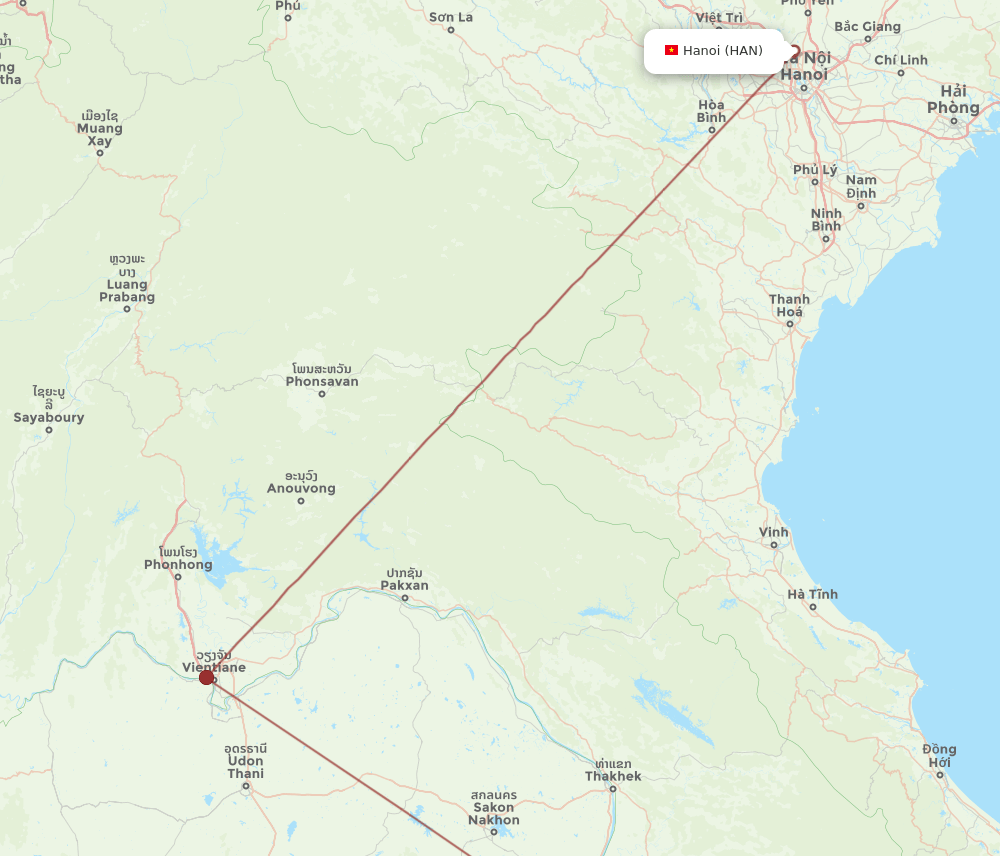 Savannakhet - Hanoi route map and flight paths