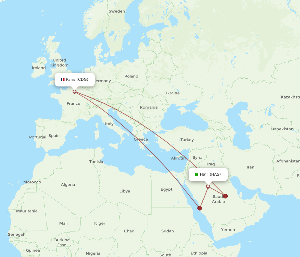 HAS-CDG flight routes