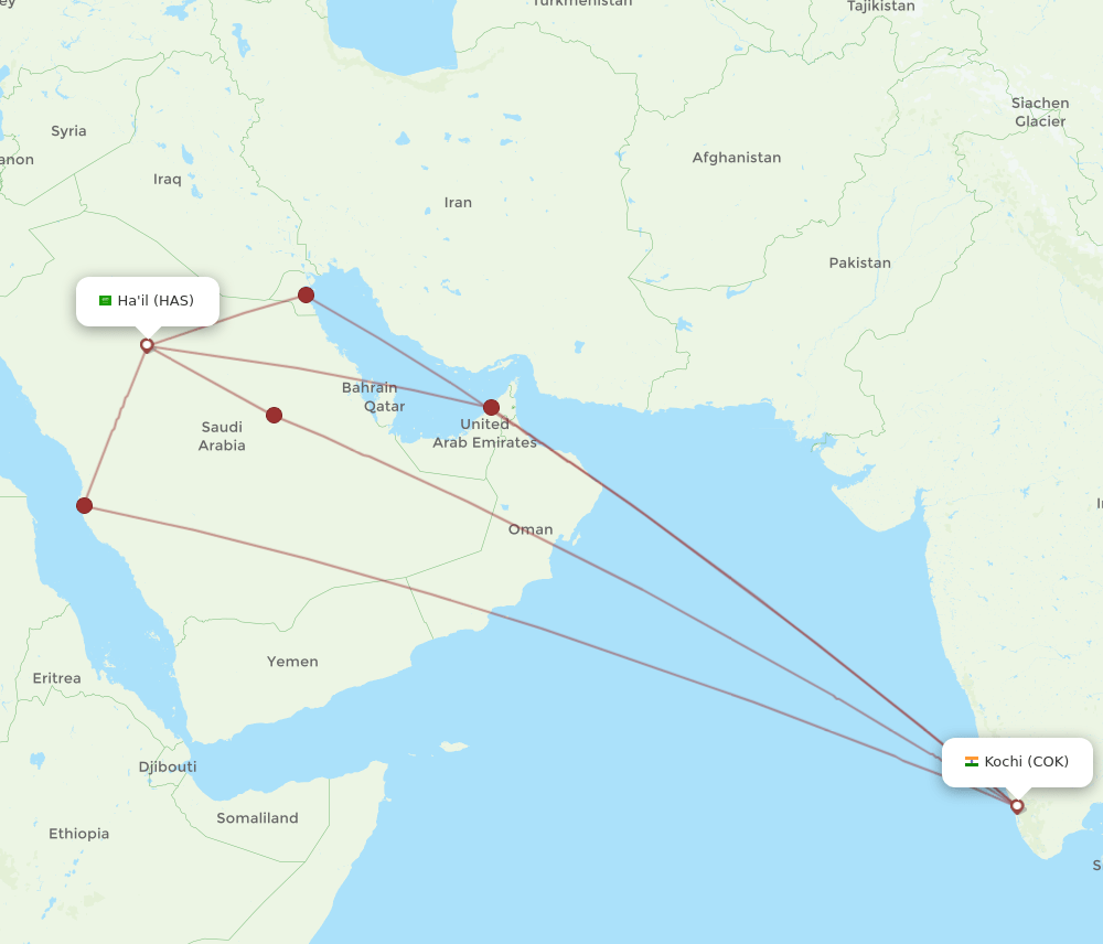 HAS to COK flights and routes map