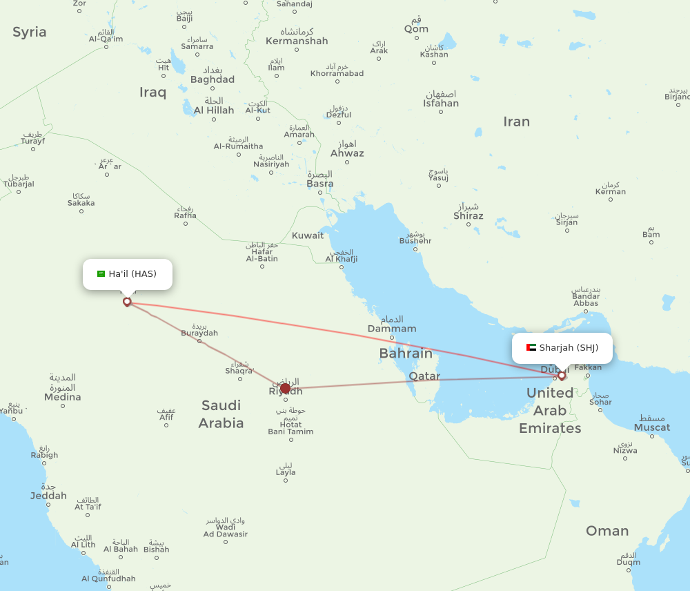 HAS to SHJ flights and routes map
