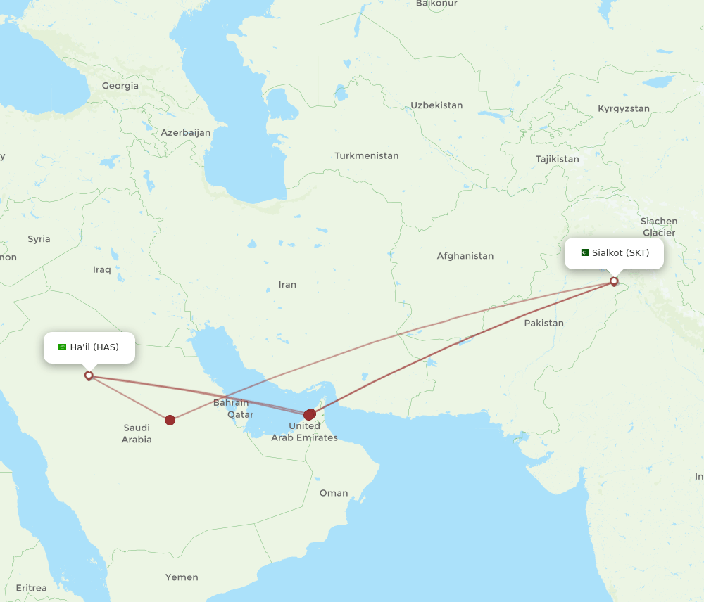Hail - Sialkot route map and flight paths