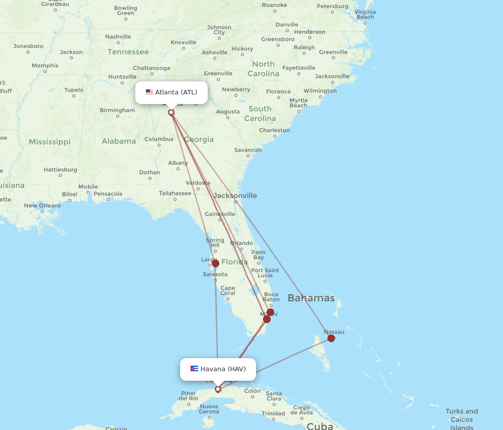 HAV to ATL flights and routes map