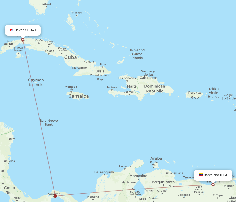 Havana - Barcelona route map and flight paths