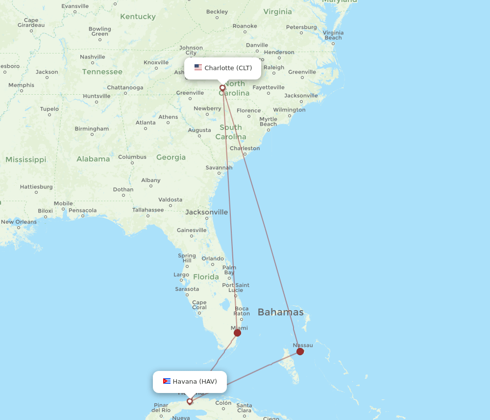 HAV-CLT flight routes