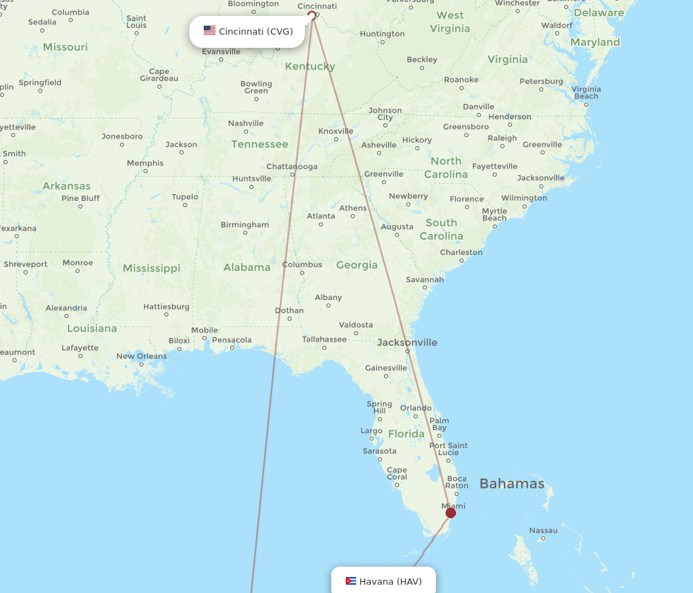 HAV to CVG flights and routes map
